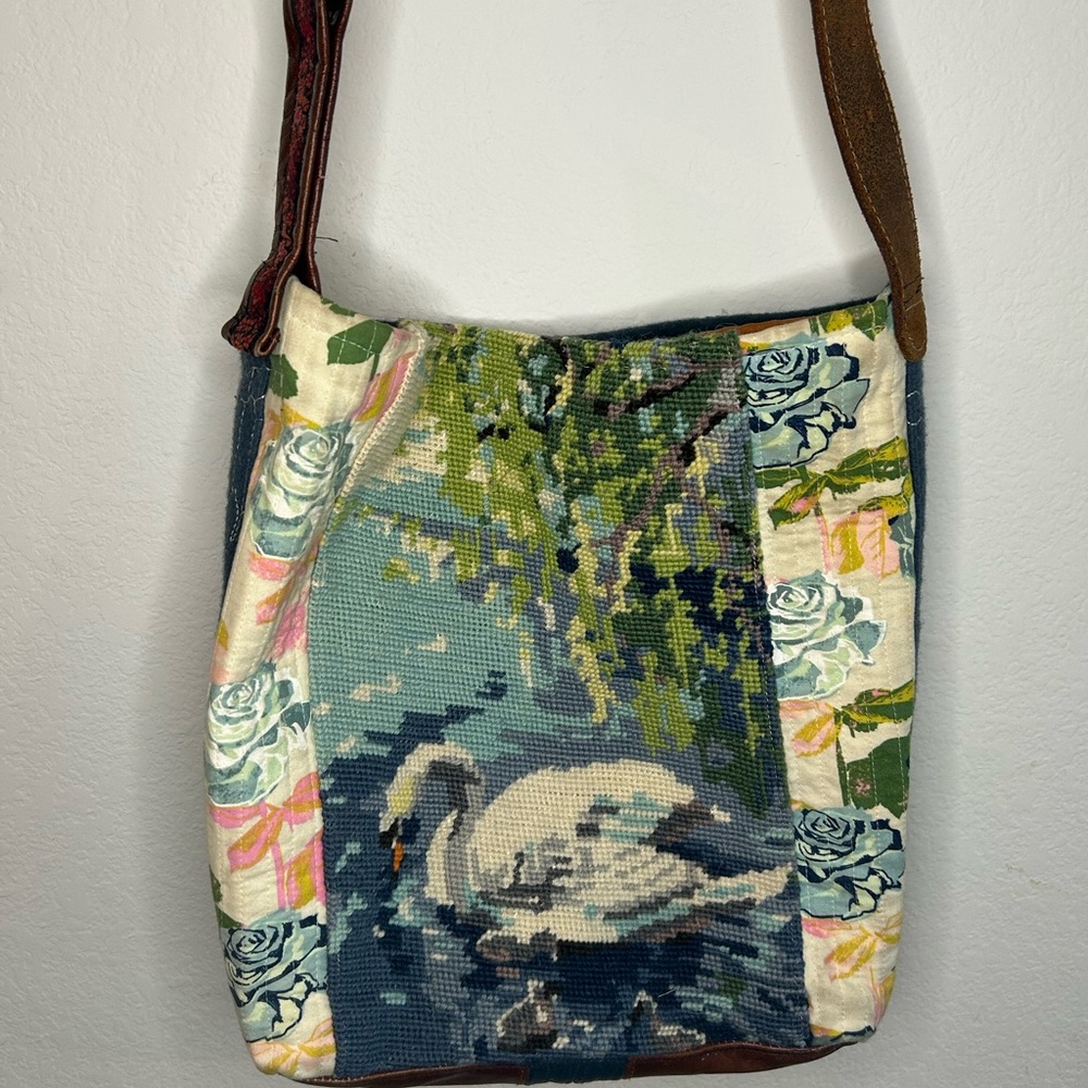Vintage Upcycled Swan Tapestry Needlepoint Tote w/ Leather Belt Shoulder Strap
